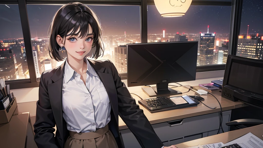 (perfect anatomy:1.2)(absurdres, highres, ultra detailed),masterpiece,best quality,high resolution,8k,Realistic face,Realistic skin texture,magnified textures, stunning clarity,detailed anime girl,(ultra detailed eyes and face),(1 girl:1.4),21 years old,office worker,black hair, bob cut,natural make,grey jacket,grey pants,black brouse,sparkling eyes.small nose,roundface,(it corporate office:1.3)standing,brown bag,(No one in the city office:.2),(night),(look at viewer),(giving you a coffee:1.2)(Happy Smile:1.2)(bashful:1.2),upper body