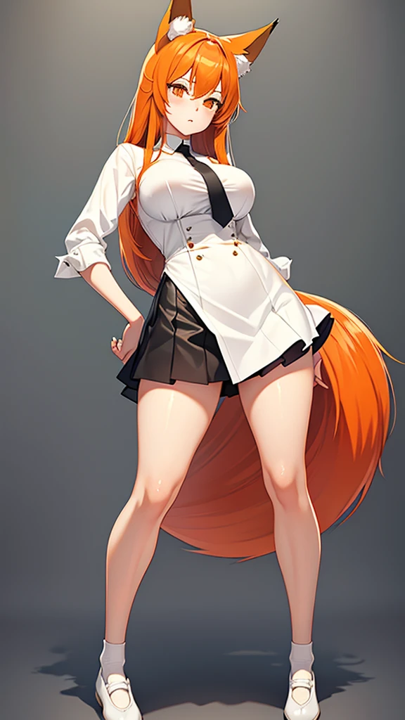 Standing full-length photo in anime style of a cute 20-year-old girl with long orange hair, fox ears. large, delicate body and large bust, wearing sexy  clothes, a loose white blouse, a slim orange tie, a short black skirt, white socks and black shoes. white image background.
