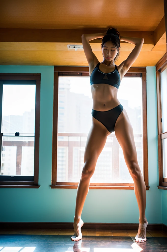 K,Ultra HD,Jilin beauty athlete,Very tall body,Thong,Sweating,Standing stretch pose,indoor,solo,Sunlight shines on the body