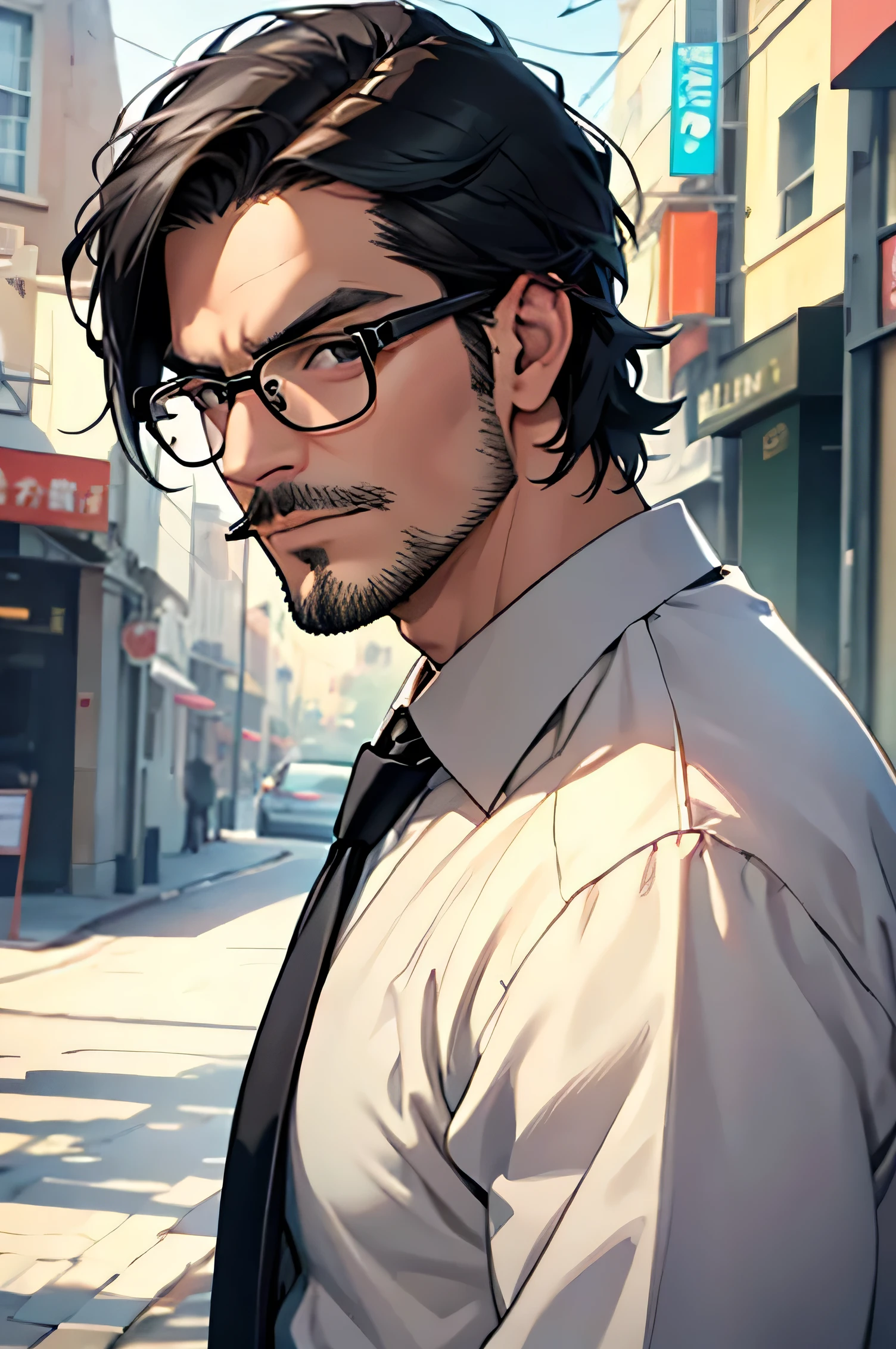 Handsome Middle-aged　Black Hair　Stubble　tobacco　Two Block　Black-rimmed round glasses　Slender