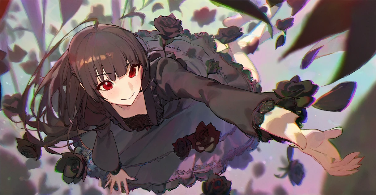 A girl surrounded by black roses, full body, scared, black long hair with blunt bangs, in black dress with frills and lace, smile with face blush, aesthetic, beautiful color, (amazing quality:1.5), by modare, by ask, by ikky, depth of field, chromatic aberration, black theme, perspective, amazing lighting and shadow