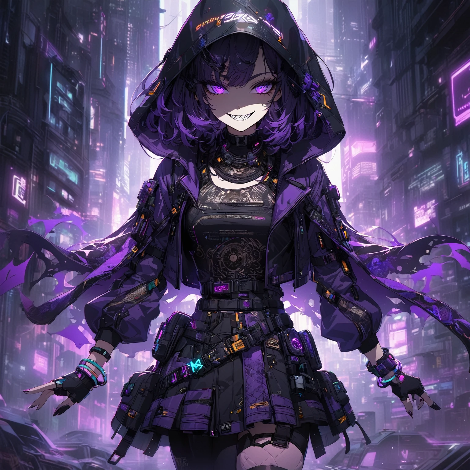 a lady that has Narrowed eyes, slightly pointed nose, Wide sinister grin with sharp teeth, Wearing a purple cape that is smoky and gaseous, wearing a top casual outfit that is fitted, stylish, purple colors, with intricate designs and symbols, wearing skirt with matching patterns and textures, bracelets, bracelets, rings, with mystical symbols, background that suit her outfit theme, her pose is Confident, almost arrogant stance. One hand on hip, other partially hidden by cape, the background is a cyberpunk cityscape, moody lighting with purples and blues. Highlights on face to accentuate grin and teeth, Shadowy, gaseous effects around cape.Subtle glowing symbols or runes on outfit and accessories, cyberpunk vibes, muted cyberpunk style, cyberpunk art style, hyper-realistic cyberpunk style, cyberpunk vibe, in cyberpunk style, cyberpunk with neon lighting, aesthetic cyberpunk, like a cyberpunk workshop, cyberpunk style, in cyberpunk aesthetic, in a cyberpunk setting, cyberpunk artstyle, cyberpunk look, advanced digital cyberpunk art, nude:0.8).