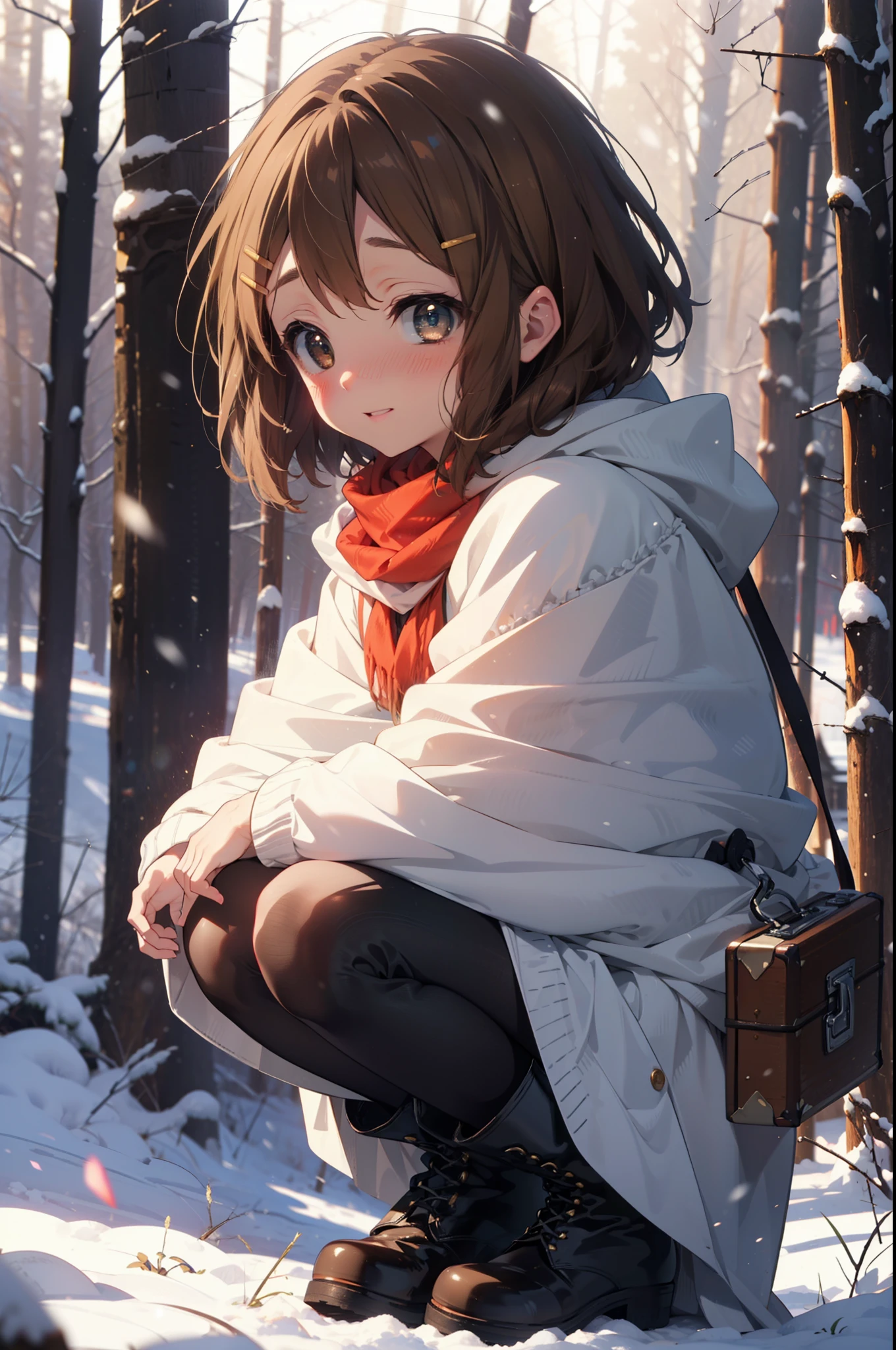 yuihirasawa, Yui Hirasawa, short hair, Brown Hair, hair ornaments, (Brown eyes:1.5), Hair Clip、smile,smile,blush,white breath,
Open your mouth,snow,Ground bonfire,, Outdoor, boots, snowing, From the side, wood, suitcase, Cape, Blurred, , forest, White handbag, nature,  Squat, Mouth closed, Cape, winter, Written boundary depth, Black shoes, red Cape break looking at viewer, Upper Body, whole body, break Outdoor, forest, nature, break (masterpiece:1.2), Highest quality, High resolution, unity 8k wallpaper, (shape:0.8), (Beautiful and beautiful eyes:1.6), Highly detailed face, Perfect lighting, Highly detailed CG, (Perfect hands, Perfect Anatomy),