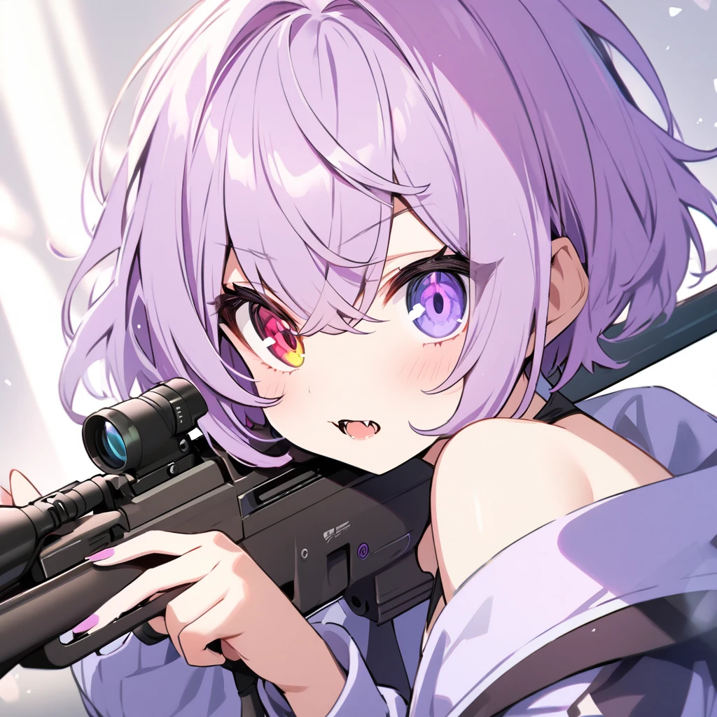 high resolution ,cute ,One Woman , Purple Hair, short hair , Fangs Beautiful Eyes ,Red and purple heterochromia ,♰Eyes and shoulders are protruding ,Jacket ,Possessing a sniper rifle