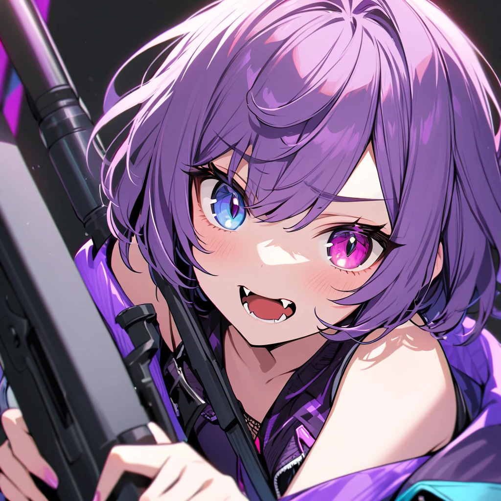 high resolution ,cute ,One Woman , Purple Hair, short hair , Fangs Beautiful Eyes ,Red and purple heterochromia ,♰Eyes and shoulders are protruding ,Jacket ,Possessing a sniper rifle