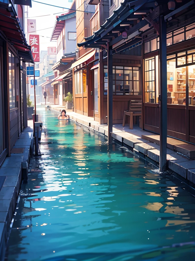 Immerse yourself in cold water up to your chest、bustling street」