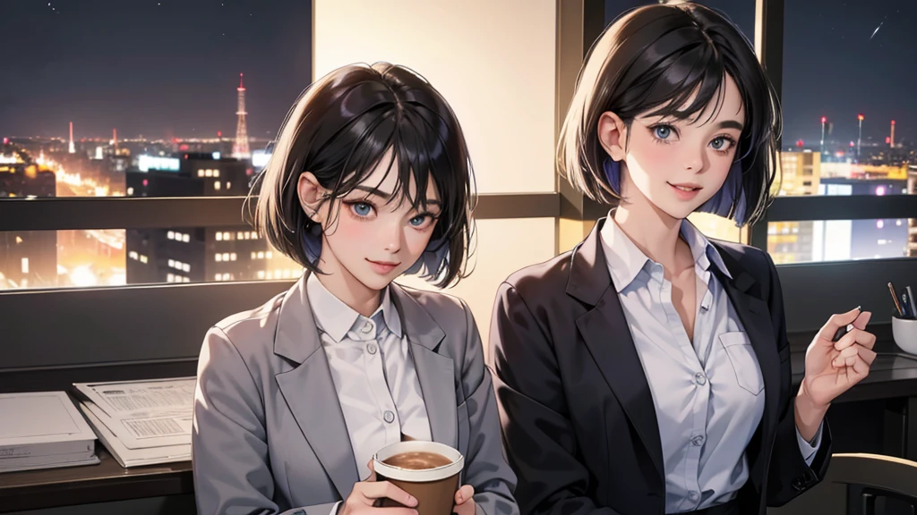 (perfect anatomy:1.2)(absurdres, highres, ultra detailed),masterpiece,best quality,high resolution,8k,Realistic face,Realistic skin texture,magnified textures, stunning clarity,detailed anime girl,(ultra detailed eyes and face),(1 girl:1.4),21 years old,office worker,black hair, bob cut,natural make,grey jacket,grey pants,black brouse,sparkling eyes.small nose,roundface,(it corporate office:1.3)standing,brown bag,(No one in the city office:.2),(night),(look at viewer),(giving you a coffee:1.2)(Happy Smile:1.2)(bashful:1.2),upper body