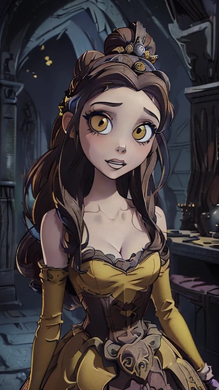 best quality,masterpiece,1girl,solo,(((13years old))),japanese girl,an extremely cute and handsome girl,highly detailed beautiful face and eyes,petit,cute face,lovely face,baby face,shy smile,show teeth,brown hair,long hair,flat chest,skinny,slender,(((wearing a BelleWaifu, makeup, yellow dress, bare shoulders, cleavage, gloves, hair bun, long hair, tiara))),(((standing in Dark Midnight gothichorrorai Disneyland))),she is looking at the viewer,TimBurton Animation style,upper body close up