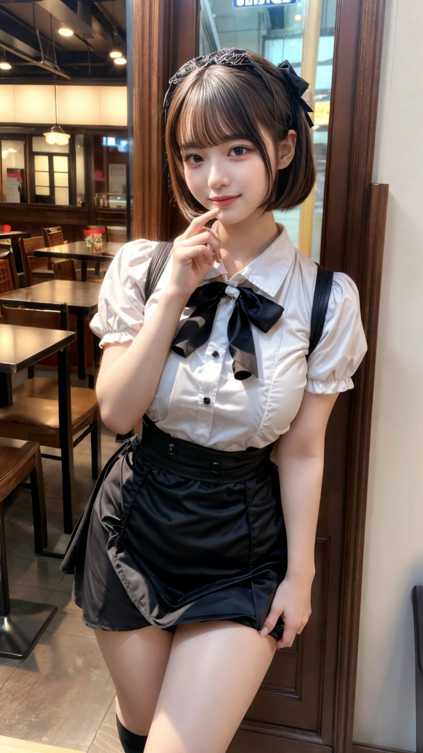 masterpiece, best quality, illustration, Super detailed, fine details, High resolution, 8K,wall paper, perfect dynamic composition,(Details High quality, realistic depiction of eyes:1.3), waitress uniform, restaurant, large breasts, short bob hair、black hair color, Big Natural Color Lip, bold sexy pose, crying a little、little smile, Harajuku style、20 year old girl、cute type、ta、beautiful legs, gravure idol, Voluptuous thighs