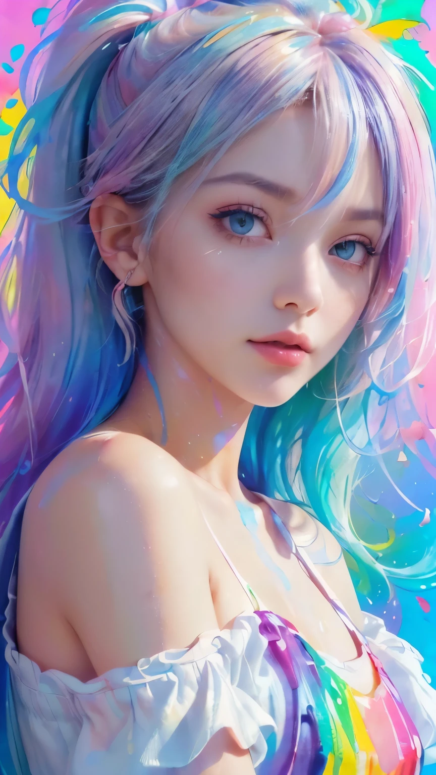 (pink fashion t-shirt:1.9),(fancy 머리: 1.8), (all the colors of the rainbow: 1.8),(((((vertical Painting:1.6))), (Painting:1.6),front, comic book, illustrations, Paintings, big eyes, crystal clear eyes,( Rainbow gradient high ponytail:1.7), exquisite makeup, closed mouth,(small fresh: 1.5),(Wipe your chest: 1.6) ,long eyelashes, White off-the-shoulder T-shirt, white shoulder shirt,Looking at the audience, big eyes물을 흘리는 눈, (rainbow colored hair:1.6), color splash, (alone:1.8), color splash, color explosion, thick Paint style, messy lines, ((shining)),(fancy), (fancy), (fancy), fancy, Thick Paint Style, (fried food) (Color fried food), Vertical Painting, upper body, Paint fried food, acrylic pigment, gradient, Paint, Best image quality, best quality, masterpiece, alone, depth of field, Face Paint, fancy clothes, (elegant: 1.2), very cool,long hair, wind, (elegant: 1.3), (petal: 1.4),(((masterpiece))),(((best quality))),((very detailed)),(illustration),(dynamic angle),((floating)),(Paint),((disheveled hair)),(alone),(1 woman) , (((Detailed Anima Face))),((Beautiful and detailed face)),color,bare shoulders,gray hair, ((fancy hair)),((striped hair)),beautiful and delicate eyes,(gradient color eyes),(((fancy eyes))),(((fancy background))),(((highly saturated))),(((surrounded by fancy splashes))),