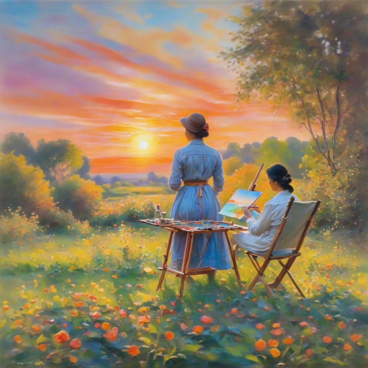 (Claude Monet style:1.3), This painting depicts a peaceful landscape，Following the principles of the impressionist era，A Hispanic woman sits in a chair on a softly lit lawn，Holding an easel，Focus on capturing the beauty of the sunset，The sky is painted with bright colors，orange，Pink and red swirls depict fleeting moments of nature，This is a hallmark of the impressionist movement.，Woman in comfortable clothes busy painting a landscape on canvas with bright watercolor pens，Represented from the element