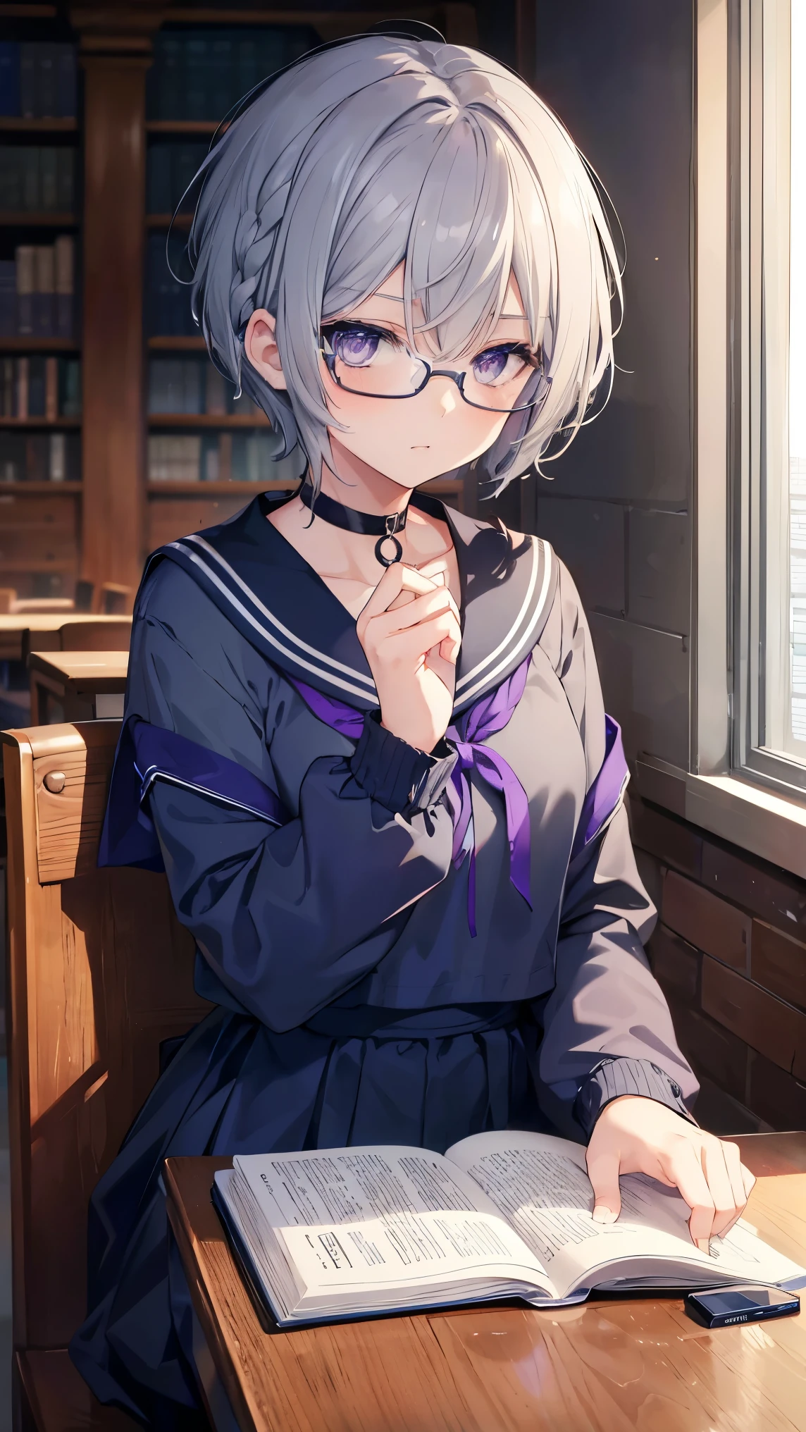High resolution,high resolution,Girl,(Braiding,Gray Hair,Short Hair,Blue accent color),Purple Eyes,Slanted Eyes,Bad mood,boyish,slender,glasses,sit,Sailor suit,library,,choker,,