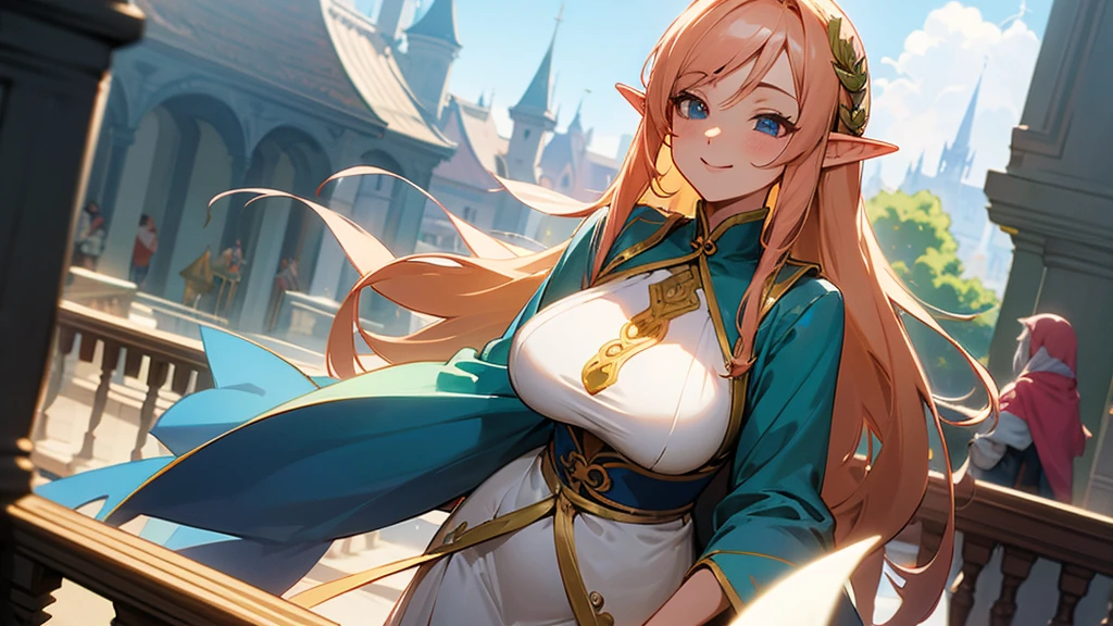 Anime Style,A detailed background with many people,Magical World,People on the balcony,Smiling Bard Elf,Mature Woman,Large Breasts,Protruding buttocks