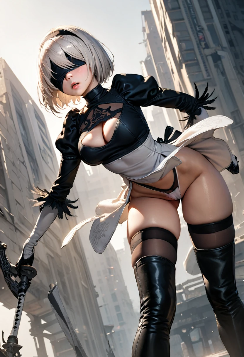 1girl,18yo,good anatomy, masterpiece, best quality,realistic, hyperrealistic, 16k hdr,,(NieR:Automata,2B),(black blindfold:1.5),(black hair band,choker,White High Leg,thigh high boots,Blake Black Skirt,black thigh high socks,Knee-high boots,Cleavage cut,cutting of clothes,high heels,long sleeve),bob cut,silver hair, large breasts,cameltoe,gorgeous panty,dynamic pose,spread legs,outdoor,strong wind,,thong,leaning forward,from below