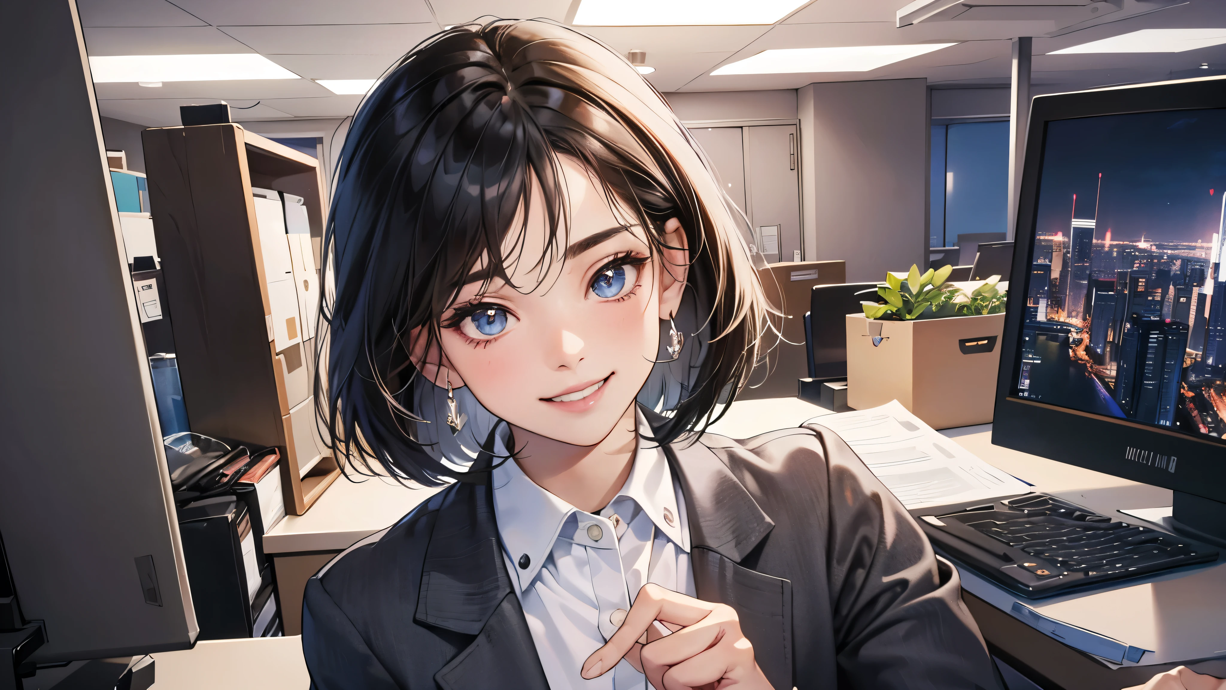 (perfect anatomy:1.2)(absurdres, highres, ultra detailed),masterpiece,best quality,high resolution,8k,Realistic face,Realistic skin texture,magnified textures, stunning clarity,detailed anime girl,(ultra detailed eyes and face),(1 girl:1.4),21 years old,office worker,black hair, bob cut,natural make,grey jacket,grey pants,black brouse,sparkling eyes.small nose,roundface,(it corporate office:1.3)standing,brown bag,(No one in the city office:.2),(night),（look at viewer),(giving you a coffee:1.2)(Happy Smile:1.2)(bashful:1.2),upper body