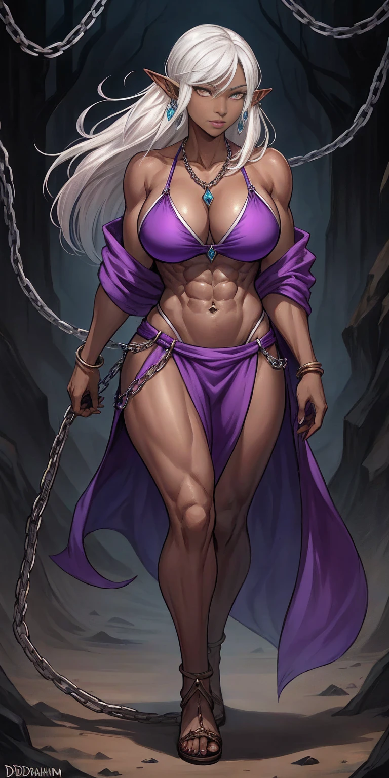 Appearance
Gender: Female
Age: Mature
Race: Drow (elf with dark skin and white hair)
Height: Full-body
Skin: Gray
Hair: White
Eyes: Purple
Attire: Bikini, revealing abdominal muscles
Accessories: Large earrings, ragged rags, chain necklace