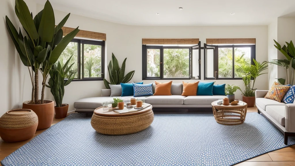 Mediterranean style living room with large, White canvas sofa in the center, Decorated with blue and terracotta pillows. In front of it is a mosaic tile coffee table.、Terracotta pots and fresh olive branches。. The walls are decorated with hand-painted ceramic panels., 部屋のIn one cornerは錬鉄製のフロアランプが置かれている. The floor is handwoven, Geometric rugs. In one corner, There is a big one, Tall Terracotta Plant Holder, Green plants.