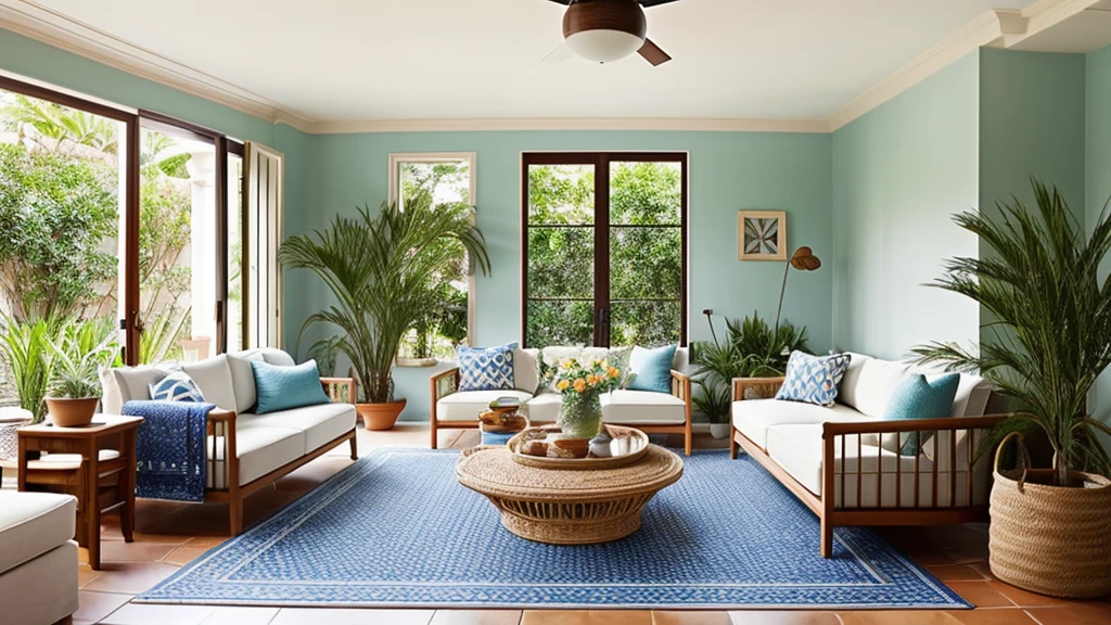 Mediterranean style living room with large, White canvas sofa in the center, Decorated with blue and terracotta pillows. In front of it is a mosaic tile coffee table.、Terracotta pots and fresh olive branches。. The walls are decorated with hand-painted ceramic panels., 部屋のIn one cornerは錬鉄製のフロアランプが置かれている. The floor is handwoven, Geometric rugs. In one corner, There is a big one, Tall Terracotta Plant Holder, Green plants.