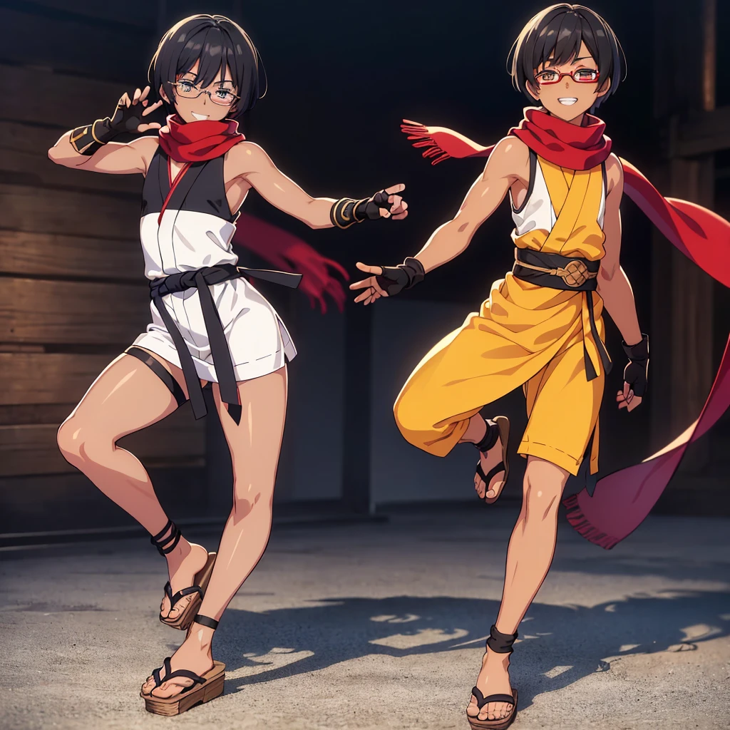 (flat chest), (masterpiece:1.2), highest quality, High resolution, unity 8k wallpaper, (fine and beautiful eyes:1.6), highly detailed face, perfect lighting, Detailed CG, (perfect hands, perfect anatomy), (1 boy:1.4), 20 years old,( black hair:1.3), extremely beautiful detailfeminine face and eyes, (grin smile), detailed eyes, best quality,( dark skin:1.8),   extremely detailed, very precise detailed,(glasses:1.3), blunt bangs, open mouth, (very short pixie cut:1.2), (geta:1.2),(fingerless gloves:1.5), half closed eyes,long sidelocks,(long red Scarf:1.3),(sleeveless yukata),,(full_body:1.4),   (flying_kick:1.2),

