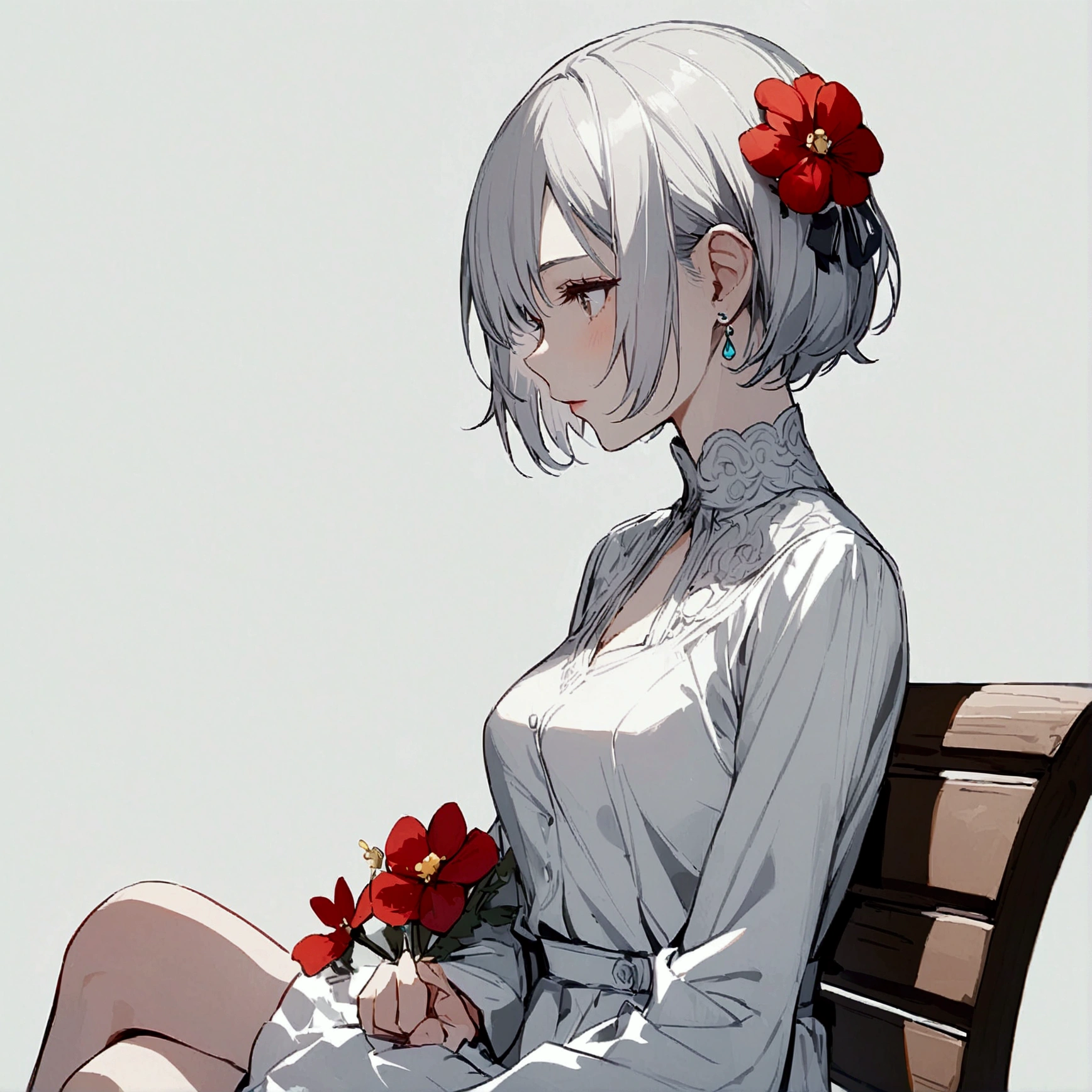 Light gray background, woman sitting on bench, silver hair, short hair, red flower