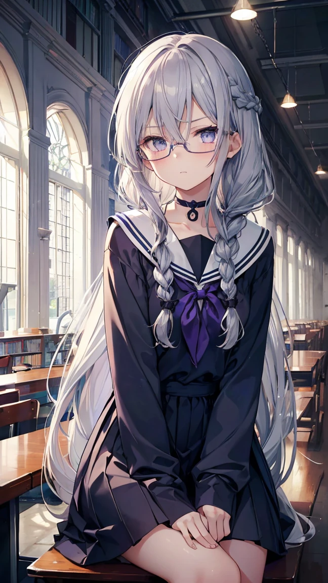 High resolution,high resolution,Girl,(Braiding,Gray Hair,Long Hair,Blue accent color),Purple Eyes,Slanted Eyes,Bad mood,boyish,slender,glasses,sit,Sailor suit,library,,choker,,