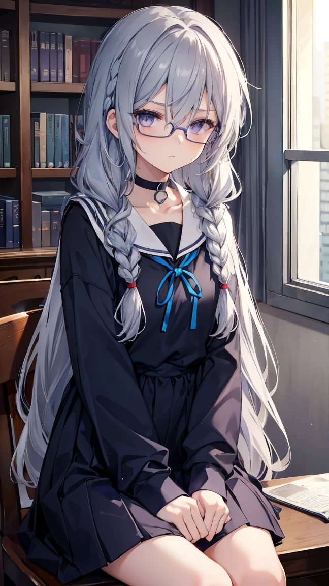 High resolution,high resolution,Girl,(Braiding,Gray Hair,Long Hair,Blue accent color),Purple Eyes,Slanted Eyes,Bad mood,boyish,slender,glasses,sit,Sailor suit,library,,choker,,