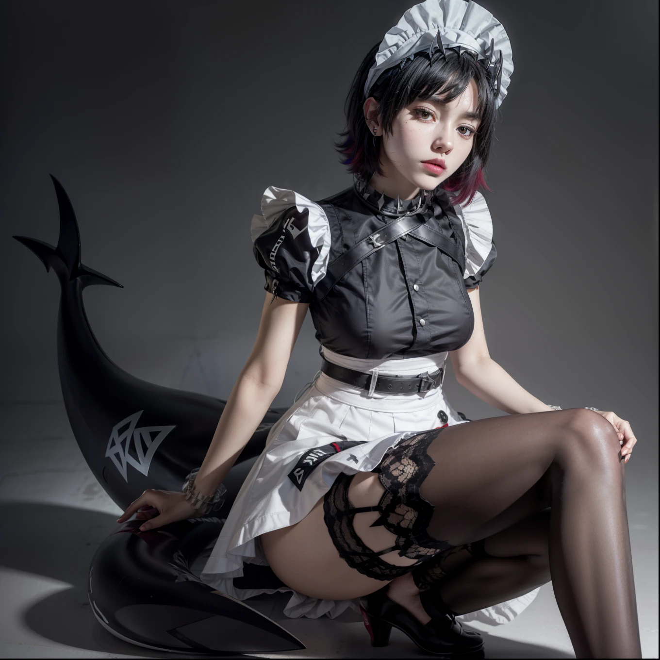 1girl,solo,Playful,ellen joe, black hair, colored inner hair, multicolored hair, (red eyes:1.3), red hair, short hair, two-tone hair,
apron, black pantyhose, black shirt, black skirt, ear piercing, fins, fish tail, maid, maid apron, maid headdress, pantyhose, piercing, puffy short sleeves, puffy sleeves, shark girl, shark tail, shirt, short sleeves, skirt, tail, two-tone hair, wrist cuffs, (panties:1.2)