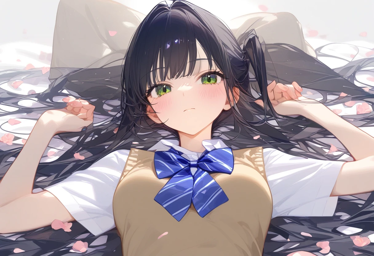 newest, masterpiece, best quality, 1girl, solo, green eyes, long hair, shirt, black hair, twintails, on back, bow, lying, petals, short sleeves, looking at viewer, white shirt, bangs, sweater vest, collared shirt, bowtie, , blush, striped bow, striped, upper body, blue bow, closed mouth, striped bowtie, white background, hands up, blue bowtie, very long hair