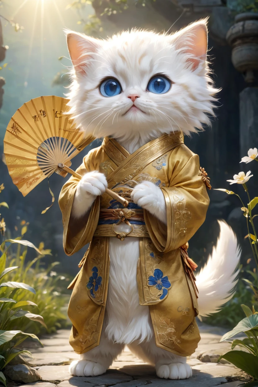 small, かわいいto be bornき物, Wearing golden Chinese clothing, Holding a fan, whole body, Are standing, Costumes, Fantasy art, Exquisite detail, Jean-Baptiste Monge Style, Alan Lee Style, Anthropomorphic blue-eyed white furry kitten, Movie Scenes, Dramatic shot angles, , Realistic, to be born々Incredible cinematic photorealism, Action Portrait, 8k, detailed, Full Frame, The background is mystical flower meadow, Mysterious Space, The sun is shining, Very God々Shining