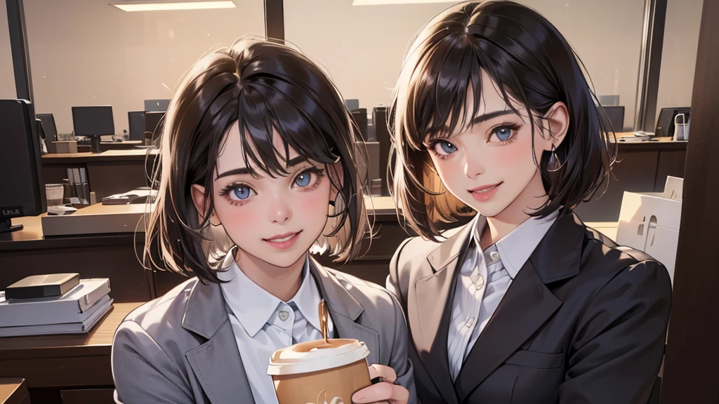 (perfect anatomy:1.2)(absurdres, highres, ultra detailed),masterpiece,best quality,high resolution,8k,Realistic face,Realistic skin texture,magnified textures, stunning clarity,detailed anime girl,(ultra detailed eyes and face),(1 girl:1.8),21 years old,office worker,black hair, bob cut,natural make,grey jacket,grey pants,black brouse,sparkling eyes.small nose,roundface,(it corporate office:1.3)standing,brown bag,(No one in the city office:.2),(night),（look at viewer),(giving you a coffee:1.5)(Happy Smile:1.2)(bashful:1.2),upper body