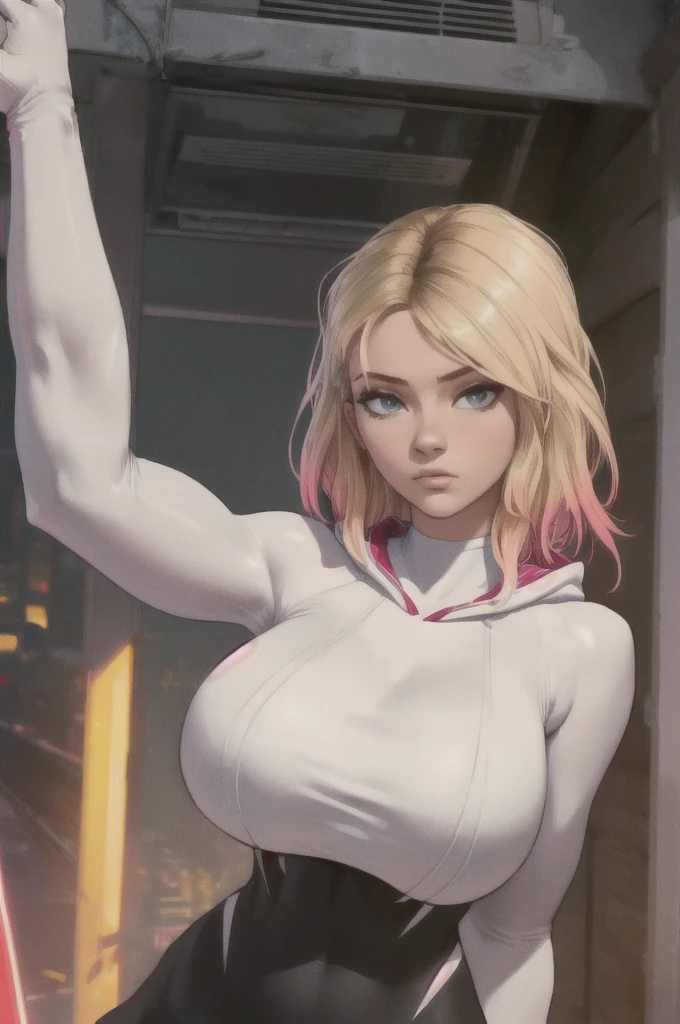 (ultra realistic,32 mil, work of art:1.2),(highly detailed skin:1.1),( 8k hd, dslr, high qualiy:1.1),
 gwen, bottom cut, blond, multicolored hair, May, web printing, hood down, , (Huge breasted:1.1), 
(looking ahead at viewer, Bend forward:1.1),
,(glow in the dark:1.1),A musical concert environment