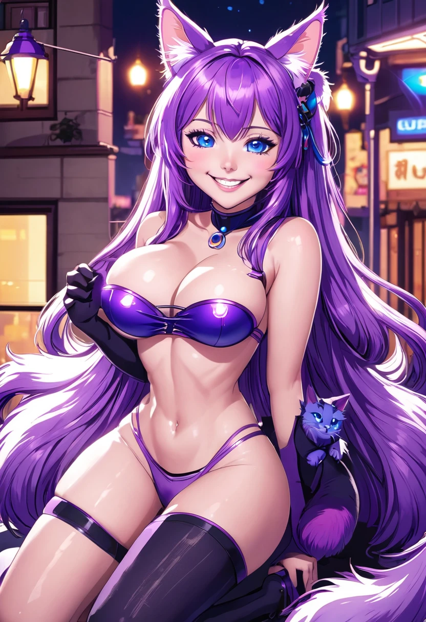 1girl, Blue eyes, Long Hair, Bangs, Purple Hair, Breasts, Smile, Blush, Light Smile, cat ears, purple cat tail