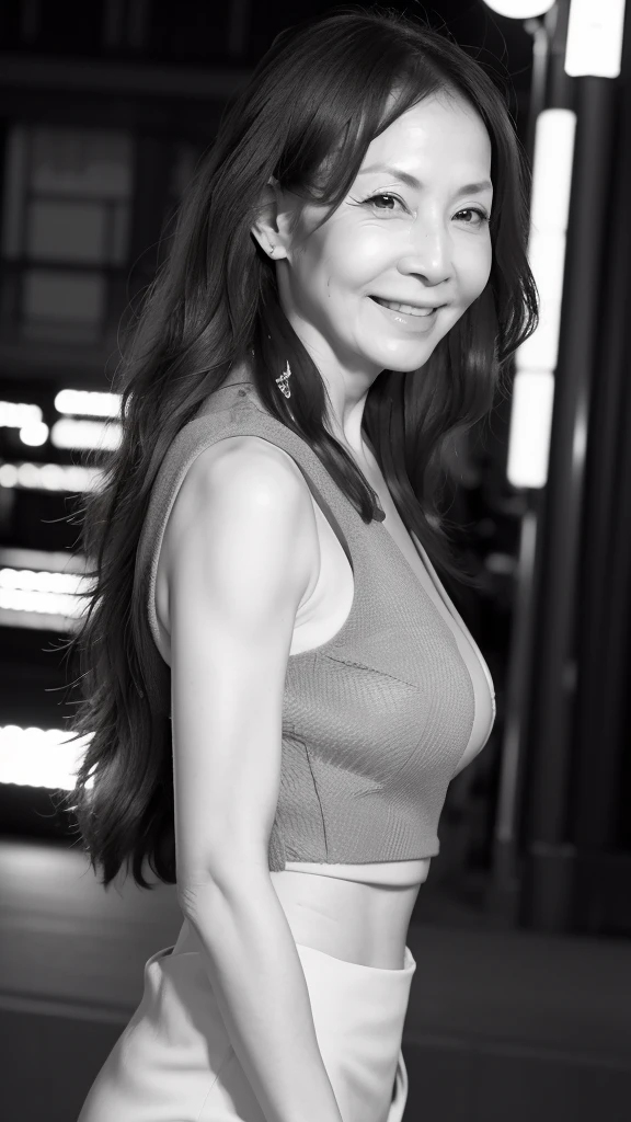 ((Highest quality, 8k, Ultra-high resolution)), ((masterpiece: 1.3)), (Perfect appearance), (Photorealism: 1.6), ((grayscale: 1.4)), (JMA), (KE), 60 years old,((Japanese Mature), Captivating Gaze, Brown eyes, (She has many wrinkles on her face:1.4), ((Realistic skin texture)), (Fine wrinkles appear all over the skin, Dullness, Unmoisturized skin, Wrinkles around the eyes, double eyelid, Lower eyelid tear sulcus, Dimples), wide open lips, A big smile, (Medium Wave Hairstyle), (Small A cup breasts:1.1), (Japanese Matureの上半身), A bustling downtown area at night with neon lights shining, View from below,