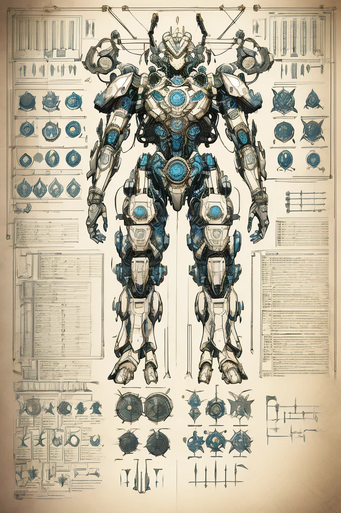 (highly detailed, intricate line work), engineering map, blueprint style, precise measurements and annotations, complex mechanical components, gears, circuits, and schematics, technical diagrams, (high resolution, ultra quality), clean layout, architectural drawing, professional engineering design, labeled parts, (monochrome:1.1, blue and white tones), (paper texture:1.2), (futuristic technology:1.3), CAD design, (3D rendering elements:0.8) break detailed Mecha design, articulated joints, hydraulic systems, energy cores, advanced weaponry schematics, cockpit layout, armor plating, thrusters, servomotors, sensor arrays, neural link interfaces, power distribution, maintenance access points, (exploded view:1.2), (cutaway sections:1.3) break annotations with technical specifications, material lists, part numbers, assembly instructions, safety warnings, engineering notes, (draftsman signature:0.7)
