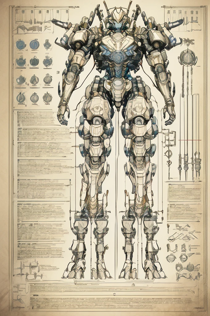 (highly detailed, intricate line work), engineering map, blueprint style, precise measurements and annotations, complex mechanical components, gears, circuits, and schematics, technical diagrams, (high resolution, ultra quality), clean layout, architectural drawing, professional engineering design, labeled parts, (monochrome:1.1, blue and white tones), (paper texture:1.2), (futuristic technology:1.3), CAD design, (3D rendering elements:0.8) break detailed Mecha design, articulated joints, hydraulic systems, energy cores, advanced weaponry schematics, cockpit layout, armor plating, thrusters, servomotors, sensor arrays, neural link interfaces, power distribution, maintenance access points, (exploded view:1.2), (cutaway sections:1.3) break annotations with technical specifications, material lists, part numbers, assembly instructions, safety warnings, engineering notes, (draftsman signature:0.7)
