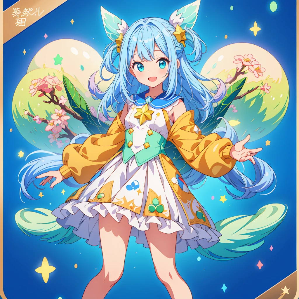 1girl、Standing in front of the viewer、Original, unique and cute hairstyle、Star Fairy、Star incarnation、Character design front view、A picture facing the viewer、(((Super detailed、Highest quality、Masterpiece)))、Milky white and blue hair color、Simple Green Background、vtuber-fullbody,