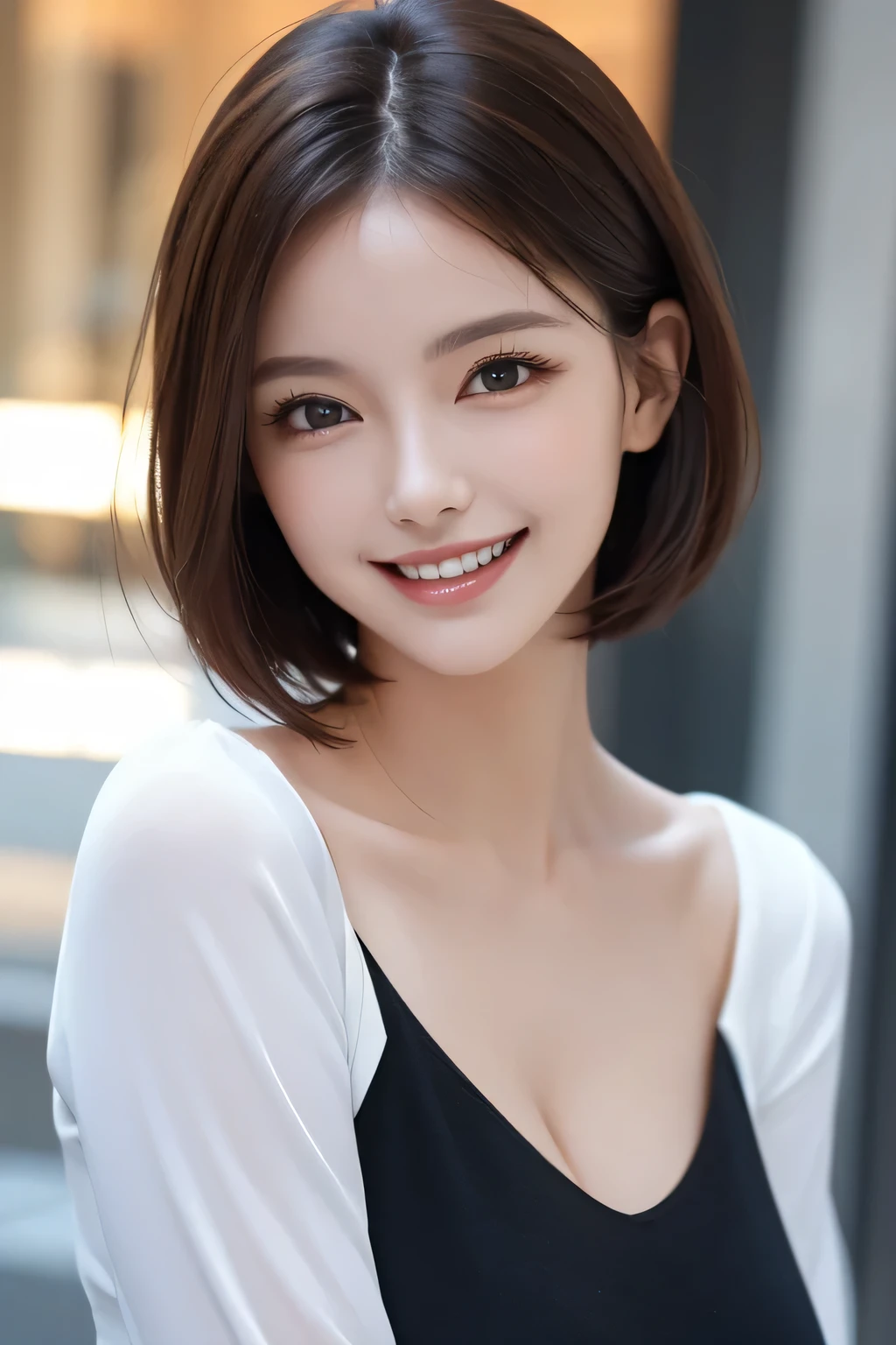 ((masterpiece)), ((Highest quality)), ((Complex)), ((Surreal)), (Realistic), (Mature Woman), ((There are no classes)), Very detailed, (1 female), Beautiful and exquisite, (Beautiful Teeth), Grin, Brunette bob hair, Brown eyes, ((blouse)), (Upper Body), (background:none), Perfect Eyes, Captivating eyes, Looking at the audience
