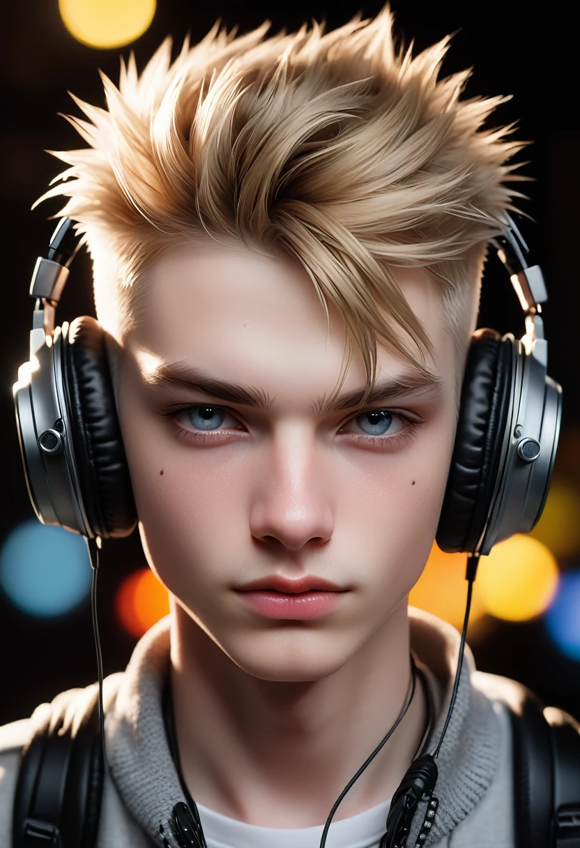 Meticulous, analog style, focus on the eyes, highest quality, (highly detailed skin), photo of very handsome pale skin Dutch punk boy, 21 years old, (wearing headphones), perfect face, pore skin, (penetration:0.5), black background, (bokeh:0.6), sharp focus, grainy lighting, (backlight:0.7), film grain, photographed with Sony A7R IV camera, 18mm F/1.7 cine lens, (highly detailed, intricate detail), 8k, HDR, front view, (upper body: 0.9)