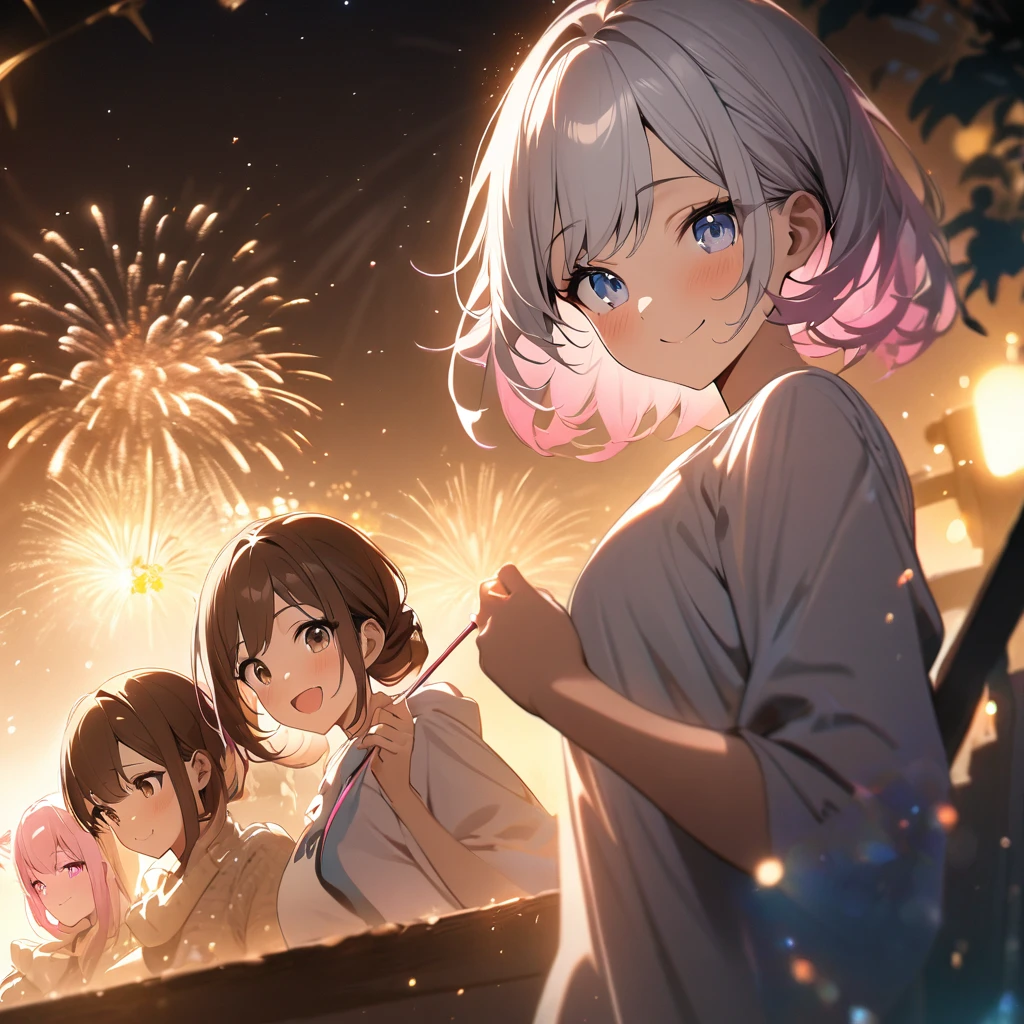 Highest quality, masterpiece, Three Girls,Brown Hair,Brown eyes,Double exposure,Silver Hair,Blue eyes,Pink Hair,Pink eyes, The best smile, Doing fireworks,Golden light particle effect