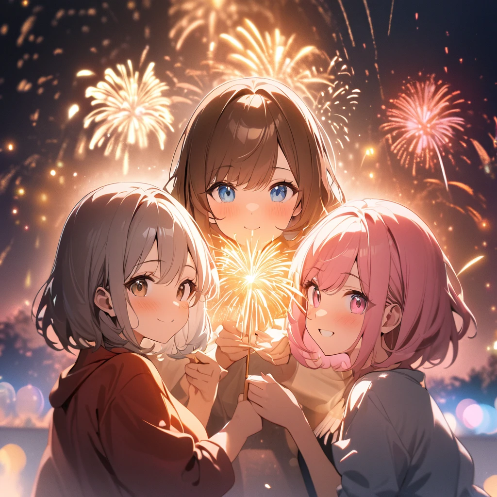 Highest quality, masterpiece, Three Girls,Brown Hair,Brown eyes,Double exposure,Silver Hair,Blue eyes,Pink Hair,Pink eyes, The best smile, Doing fireworks,Golden light particle effect