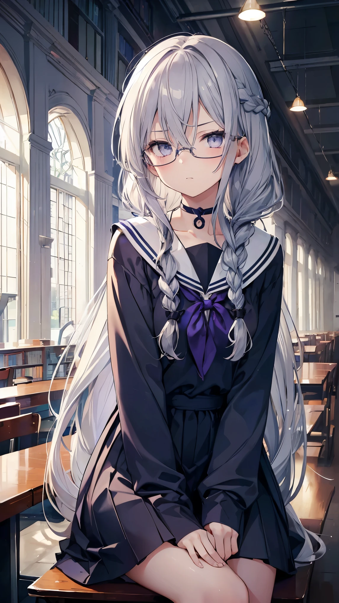 High resolution,high resolution,Girl,(Braiding,Gray Hair,Long Hair,Blue accent color),Purple Eyes,Slanted Eyes,Bad mood,boyish,slender,glasses,sit,Sailor suit,library,,choker,,