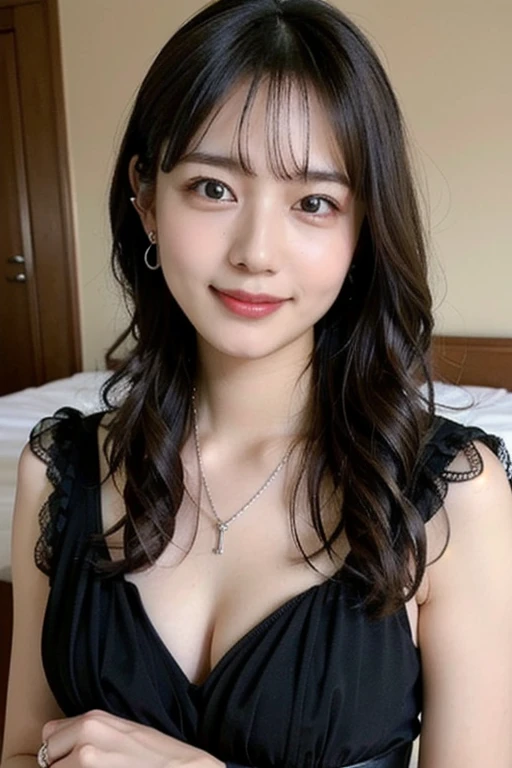 girl, White skin, ((Dark brown short tiered hair)), V cut with layers and bangs, Brown eyes, Soft atmosphere characteristics (Highest quality, Ultra-high resolution, 8k, RAW Photos, Ultra-high resolution: 1.2, masterpiece: 1.3), (Realistic, Realistic: 1.37), Very detailed, Professional Lighting, Photon Mapping, Radio City, 物理ベースレンダring, 一人のgirl, (high school girl), Sharp focus:1.2、Beautiful woman:1.4,cute, Nice, Adorable, smile, Normal chest, Cross Necklace、Earrings、ring,(Cleavage)、Gothic ta Fashion, (((ピンクと黒のGothic Loliashion, ))),Lolita Fon,belly button、((Dark brown short hair))、On the bed、Are sleeping、((Portraiture))、