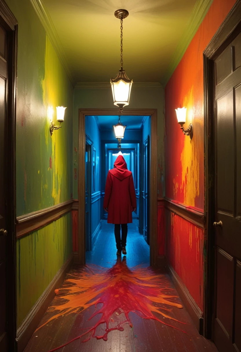 Faceless form looming in haunted hallway, Global illumination, Gorgeous splash of vibrant paint