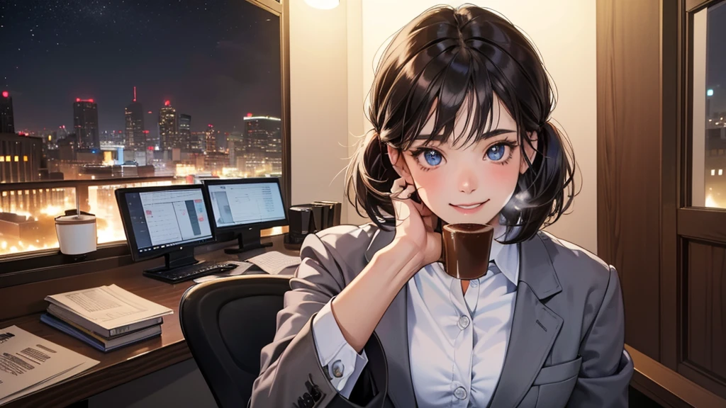 (perfect anatomy:1.2)(absurdres, highres, ultra detailed),masterpiece,best quality,high resolution,8k,Realistic face,Realistic skin texture,magnified textures, stunning clarity,detailed anime girl,(ultra detailed eyes and face),(1 girl:1.8),21 years old,office worker,black hair, bob cut,natural make,grey jacket,grey pants,black brouse,sparkling eyes.small nose,roundface,(it corporate office:1.3)standing,brown bag,(No one in the city office:.2),(night),(look at viewer),(giving you a coffee:1.5)(Happy Smile:1.2)(bashful:1.2),upper body