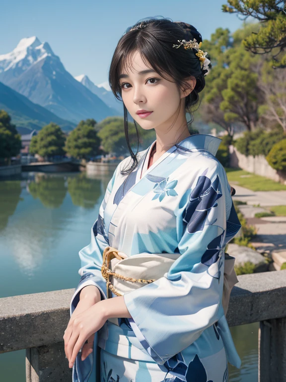 (Highest quality、 8k 、masterpiece、High resolution)、(whole body)、Vibrant colors、Brown-black bob、Traditional round topknot、Ample breasts、(Highly detailed face and eyes、Beautiful Face、Beautiful Eyes、Beautiful nose、Pretty lips)、 (Beautiful woman standing on a riverside observation deck)、(A friendly gaze)、(Oh!！Facial expression that)、(Vivid floral patterned kimono)、Official Art、  The background is a wide river、Nearby bridge、Riverside streetscape、Mountains in the distance、Detailed CG、