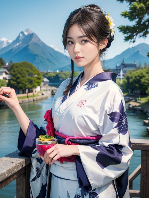 (Highest quality、 8k 、masterpiece、High resolution)、(whole body)、Vibrant colors、Brown-black bob、Traditional round topknot、Ample breasts、(Highly detailed face and eyes、Beautiful Face、Beautiful Eyes、Beautiful nose、Pretty lips)、 (Beautiful woman standing on a riverside observation deck)、(A friendly gaze)、(Oh!！Facial expression that)、(Vivid floral patterned kimono)、Official Art、  The background is a wide river、Nearby bridge、Riverside streetscape、Mountains in the distance、Detailed CG、