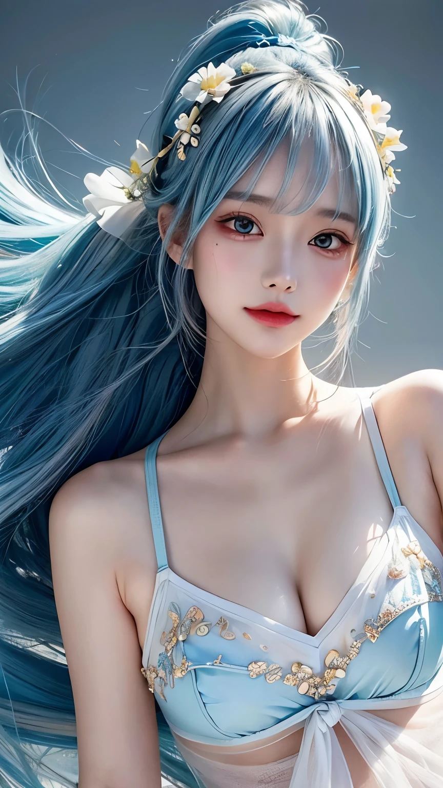 (masterpiece), (best quality), (Super detailed),(disheveled hair),(illustration), (1 girl), (fashion clothing), Permanently installed, fashion model, looking at the audience, (interview), (simple background),Beautiful and delicate eyes, Exquisite and beautiful face, floating,(high saturation),(colorful splash),Colorful bubbles,(Shiny), focus on face, ponytail, Ayaka Kamisato, light blue hair, bangs, hair ring, floating flowers, floating hair, (Shiny), best lighting, best shadow,