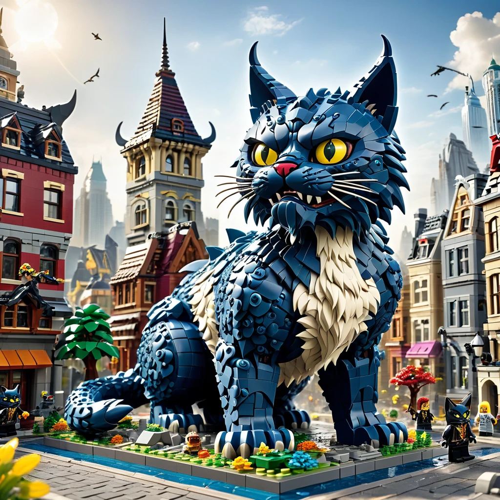 best quality, very good, 16K, ridiculous, Very detailed, Giant Cat Monster,,Made of Lego, Destroying the city((A masterpiece full of fantasy elements))), ((best quality)), ((Intricate details))(8K)