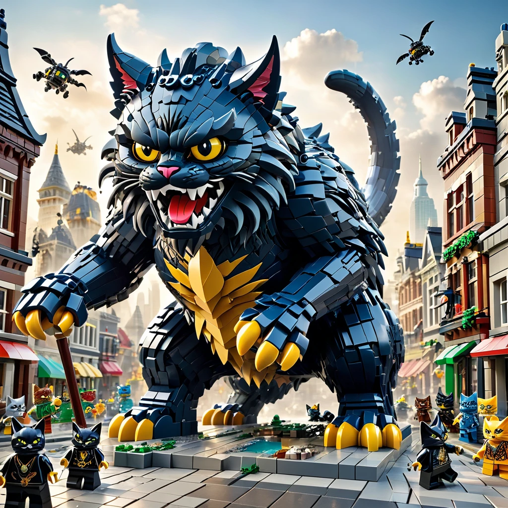 best quality, very good, 16K, ridiculous, Very detailed, Giant Cat Monster，，Made of Lego, （（Destroying the city））（（A masterpiece full of fantasy elements）））， （（best quality））， （（Intricate details））（8K）