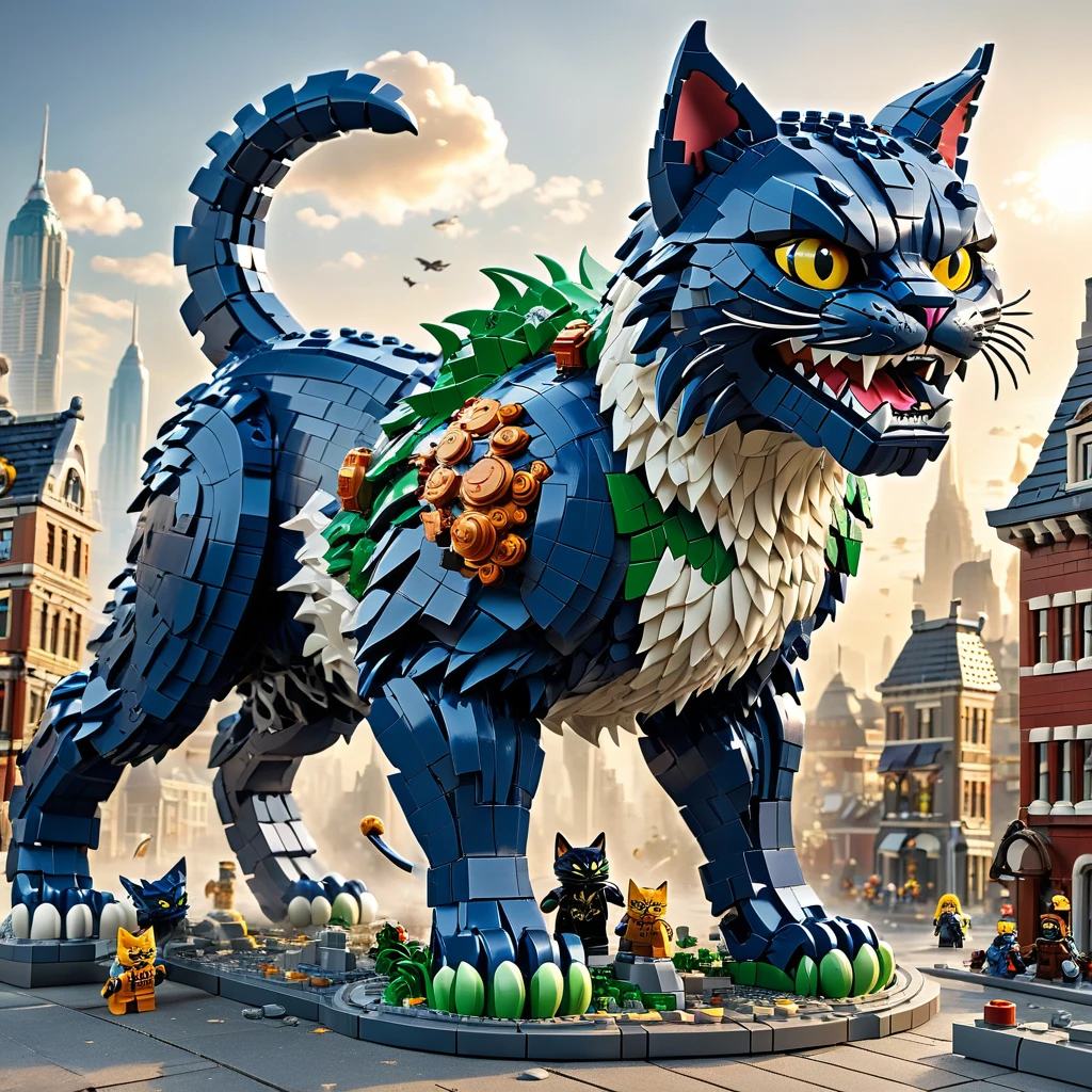 best quality, very good, 16K, ridiculous, Very detailed, Giant Cat Monster,,Made of Lego, Destroying the city((A masterpiece full of fantasy elements))), ((best quality)), ((Intricate details))(8K)
